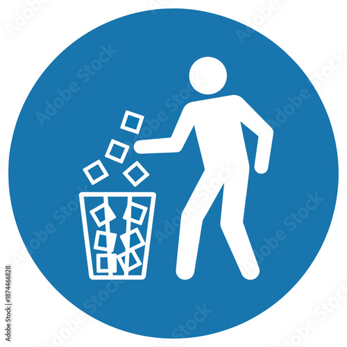 Symbol of a person throwing trash into a waste bin representing proper waste disposal and environmental cleanliness for public areas