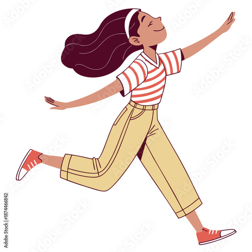 Girl in motion with outstretched arms and flowing hair