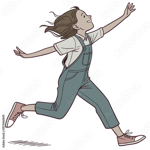 Girl running with arms outstretched wearing overalls and sneakers