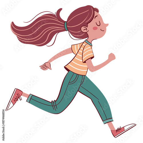 Girl running with ponytail and smile carefree red hair