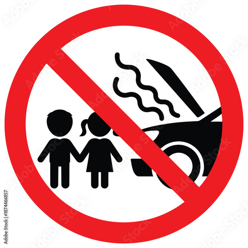 Warning sign prohibiting children and the car engine from being close to each other with steam coming out of the car