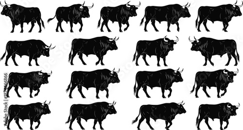 Large Collection of Bull Silhouettes in Various Poses Including Standing and Walking for Farm Life Agriculture Design Livestock Branding and Animal Vector Illustration Elements