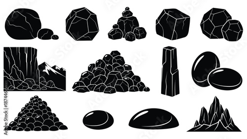 A collection of various black stone and rock illustrations on a white background