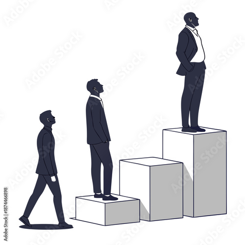 Three businessmen standing on podium blocks in a hierarchical formation