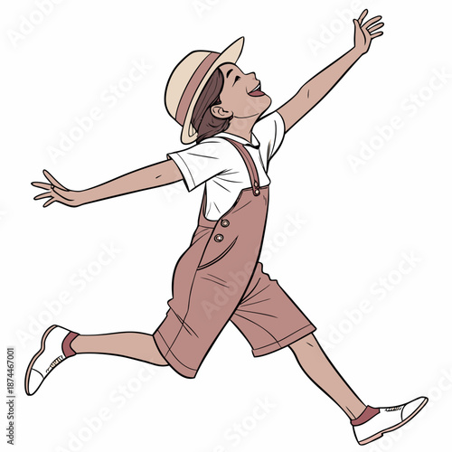 Joyful child running with arms outstretched wearing hat and overalls