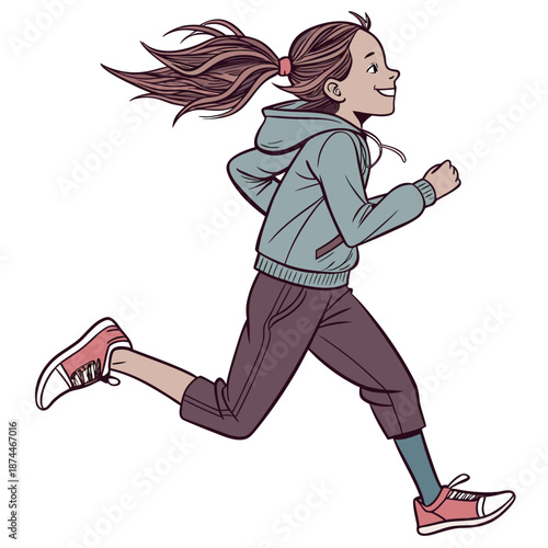 Young girl jogging with wind swept hair running ponytail