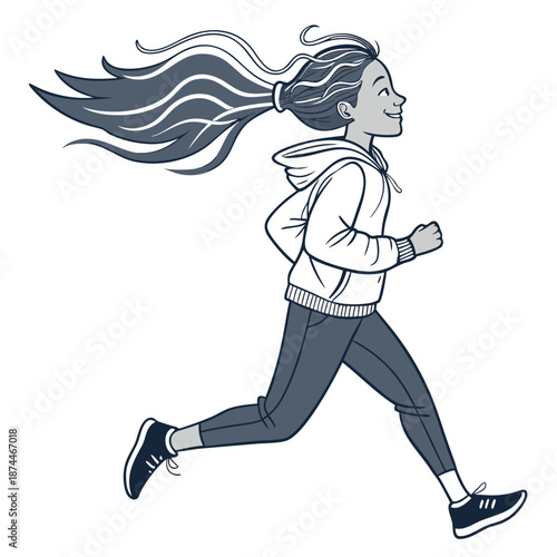 Young girl jogging with wind swept hair jogging girl