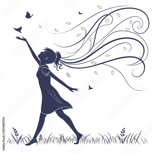 Girl in dress running through grass with flowing hair and birds