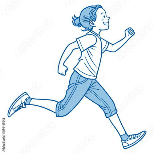 Child running with slight jump motion energetic pose blue line