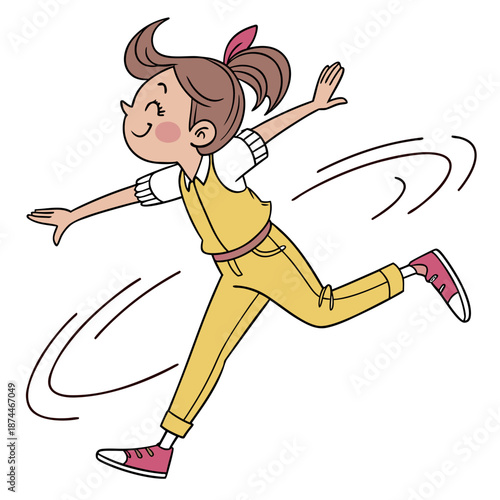 Girl in yellow overalls running with motion lines cartoon girl