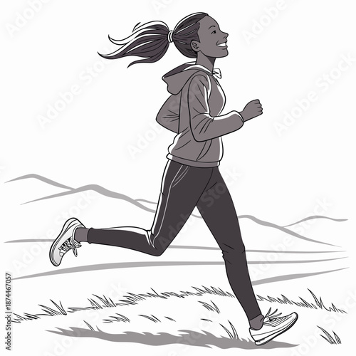 Girl running in natural setting with knee bend woman