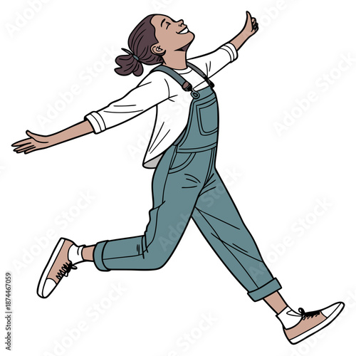 Joyful teenage girl jumping with arms extended white shirt