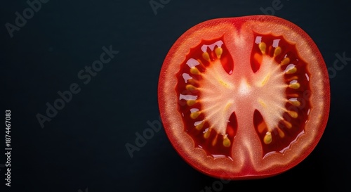 Extreme close up of a vibrant red tomato half, freshly cut to reveal glistening seeds and wet pulp, emphasizing freshness and high moisture content, closeup, juicy, natural