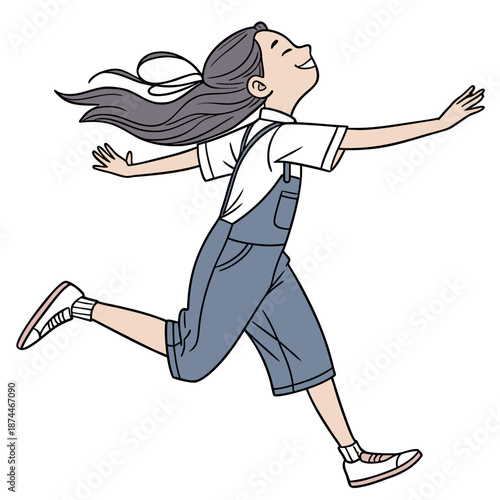 Young girl running with arms outstretched wearing blue overalls