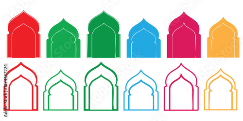 Colorful islamic arch shapes in various colors and line styles for design and decoration    archway elements in red green blue pink orange and white with outline
