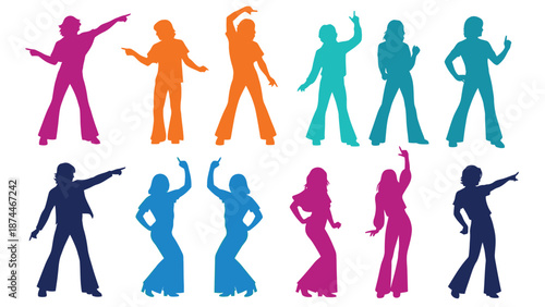 A group of colorful silhouettes of people dancing together in various poses and styles.