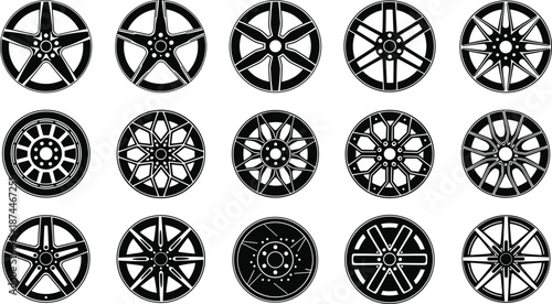 Large Collection of Car Rim Silhouettes and Alloy Wheel Icons Featuring Various Spoke Designs for Automotive Tuning Tire Shop Branding and Professional Vector Illustration Elements