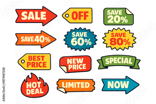 Colorful sale and discount stickers with various savings and offers