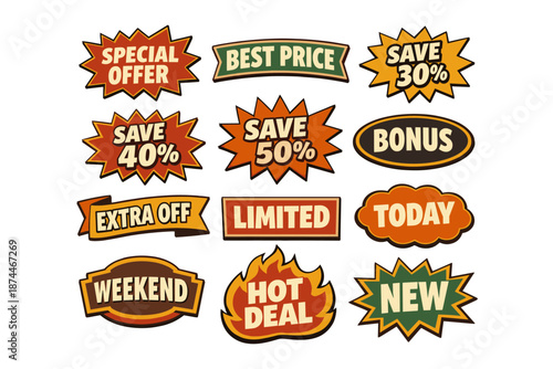 Colorful promotional badges with discount offers and sales highlights