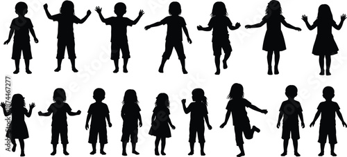 Large Collection of Children Silhouettes in Various Poses Including Standing, Jumping and Playing for Early Childhood Education, School, Youth Group Projects and Vector Illustration Elements