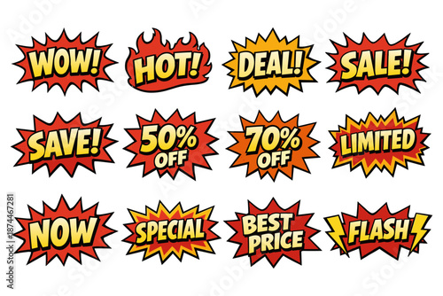 Colorful comic style discount badges featuring dynamic sale words