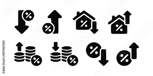 Interest Rate Increase and Decrease Icons. Finance Percentage Arrow Icons Set