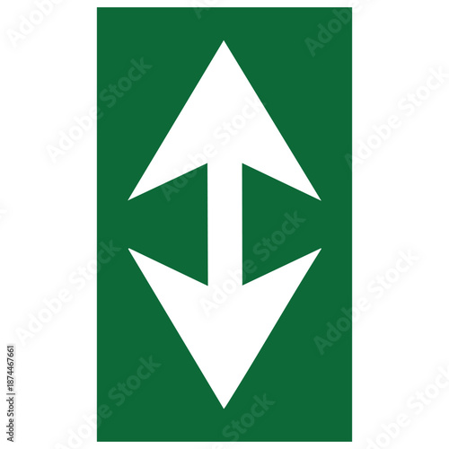Green traffic sign with white up and down arrows pointing opposite directions