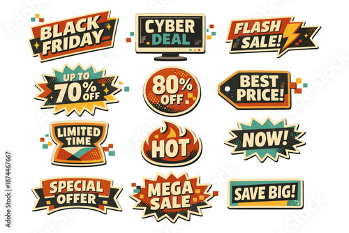 Colorful retro sale badges highlighting black friday and cyber deals