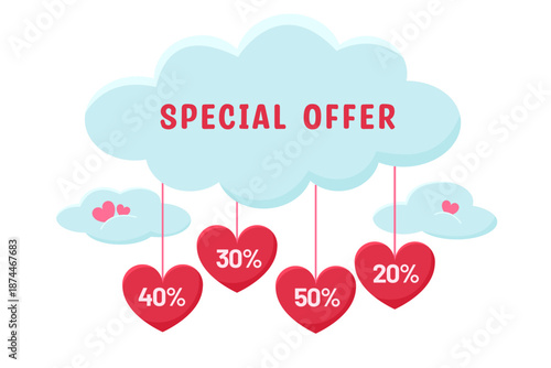 Minimal vector illustration of cloud banner with hanging heart tags showing discount percentages. Cute pastel design for sale promotion, marketing banners, online shopping ads and retail campaigns. Ad
