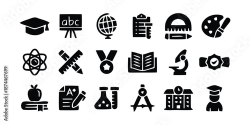 Education Icons Set in Solid Black Style. School and Learning Symbols Collection