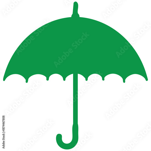 Green umbrella icon with curved handle and scalloped edge isolated on white background