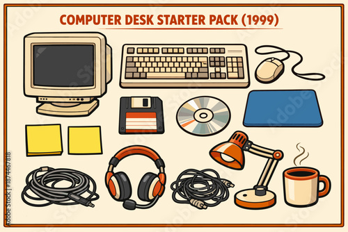 Vintage computer desk setup 1999 with accessories and gadgets