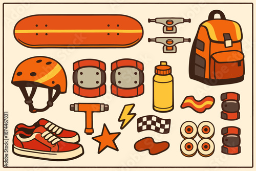 Skateboard gear collection: helmet, protective pads, sneakers, tools, backpack, and accessories