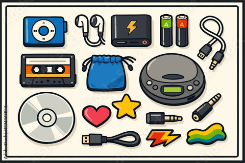 Retro technology gadgets collection with cassette player and discman