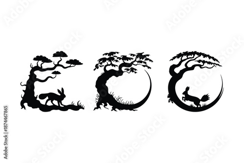 Black silhouette set of rabbits and bonsai trees in Japanese style