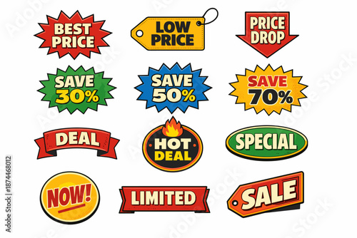 Colorful price and sale tags with discounts and offers