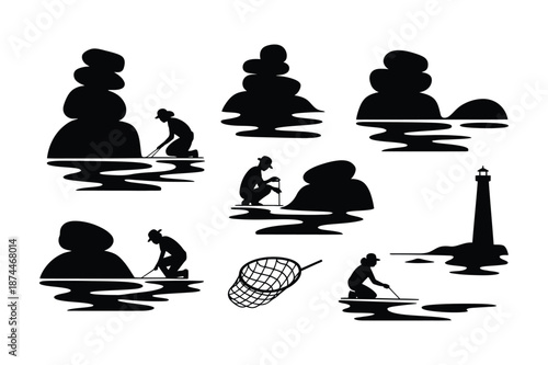 Collection of coastal silhouettes with fishermen lighthouse and cairns