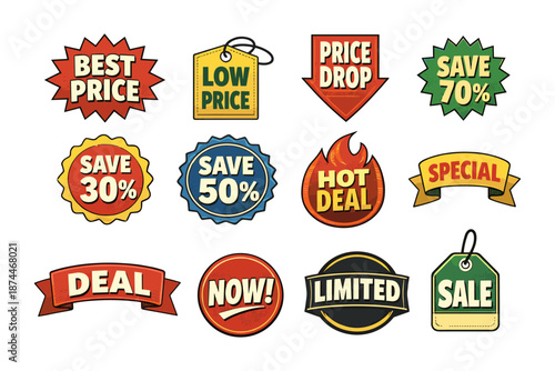 Colorful retro discount tags and price labels set