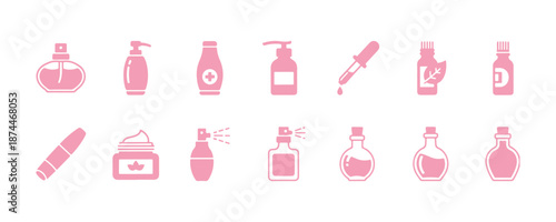Collection of massage oil icons in vector design. It includes an array of bottles and containers, such as a bottle of perfume, a bottle of lotion, and a bottle of medicine.