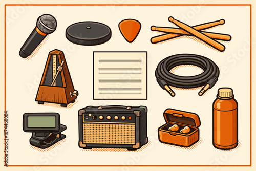 Illustrated music accessories with microphone, guitar pick, drumsticks, amp, cables, metronome, earplugs