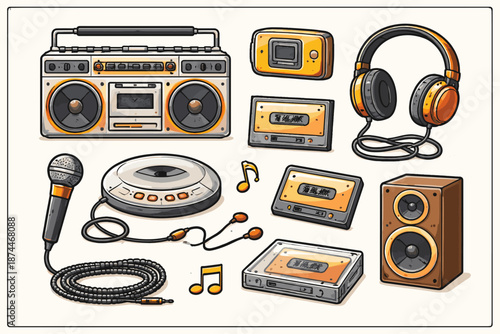 Retro audio devices collection with cassette tape, boombox, headphones, cd player, microphone, speaker
