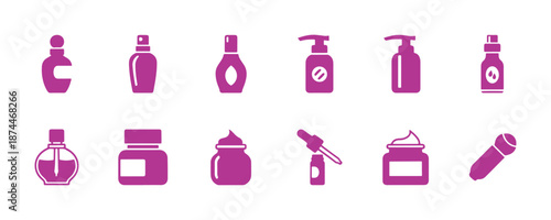 Icons of massage oil in vector style. This assortment includes various bottles and containers, including a bottle for perfume, a lotion bottle, and a medicine bottle.