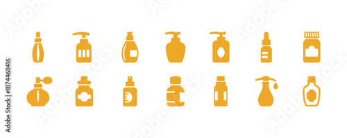 Vector icons representing massage oils. The collection comprises different bottles and containers, such as a bottle of perfume, a lotion bottle, and a medicine bottle.