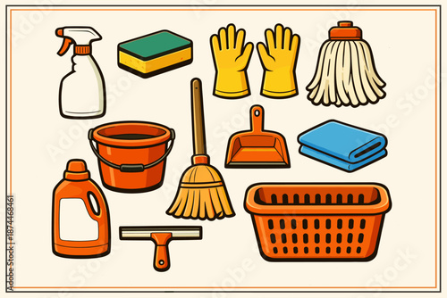 Colorful cleaning supplies illustration featuring broom, bucket, mop, and gloves