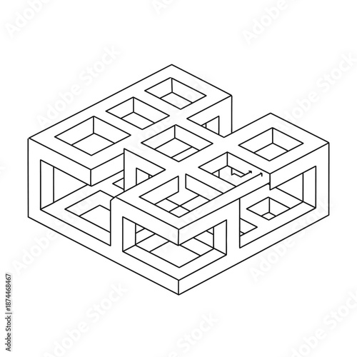 Detailed isometric illustration of a complex interconnected cube structure with multiple hollow squares and rectangular cutouts in a technical drawing style