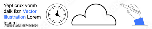 Time management, digital storage, creativity, writing, productivity, minimalism. a clock, a cloud symbol and a pen. Time management and digital storage as core concepts