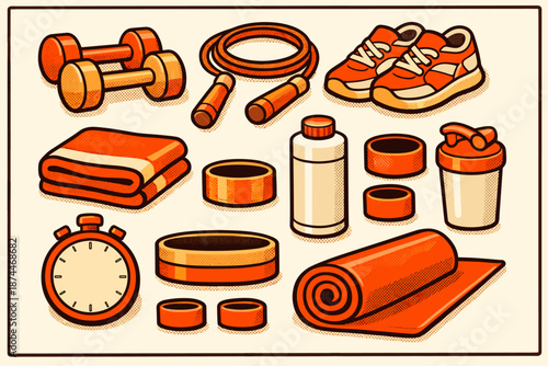 Retro fitness equipment collection with sneakers, dumbbells, and accessories