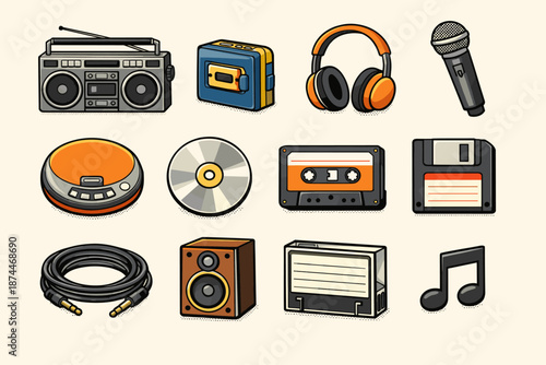 Retro audio icons collection featuring cassette, cd, headphones, microphone, and speaker