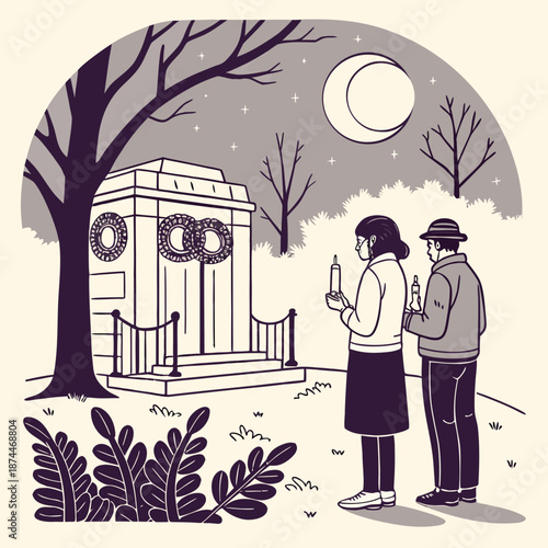 Couple holding candles at a grave on a moonlit night