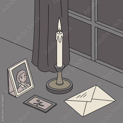 Realistic of a candle lit next to and letter on floor